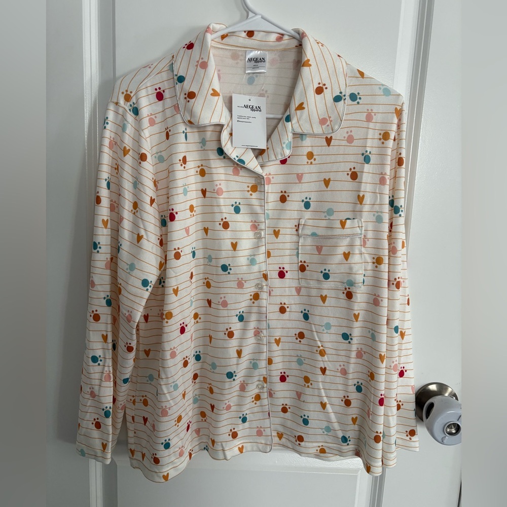 NWT- Aegean Apparel woman’s 2 piece long sleeve button down top & shorts set